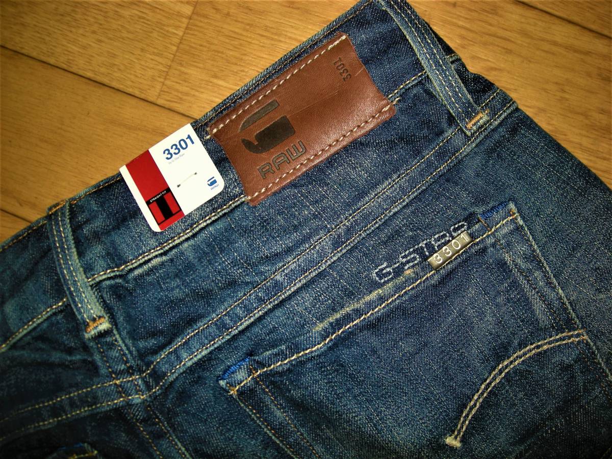 Ｇ STAR RAW ジースター ロウ 新品 未使用 ジーンズ 3301 STYLE NEUTRAL ダメージ加工 Straight ストレート Indigo Blue ストレッチ W26L32の画像5