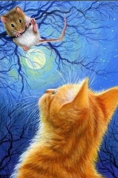 新品ダイヤモンドアート20×30月夜のネズミ君とネコさん　夜空　かわいい猫とかわいいねずみ 絵画