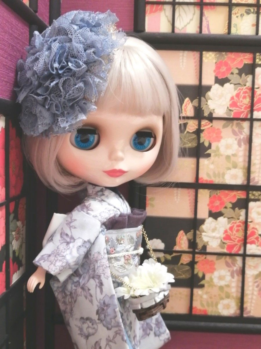 【夢人夜呉服店】Blythe ブライス 着物 アウトフィット リカちゃんにも　レースの花びらボンネットのお着物セット