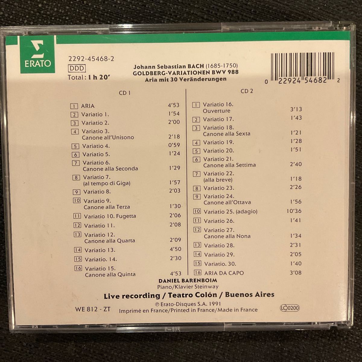 ERATO仏盤　バレンボイム『ゴルトベルク変奏曲』ブエノスアイレス　ライブ 1989年 2CD_画像2