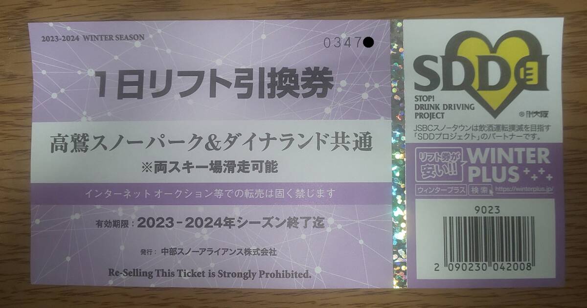 高鷲スノーパーク&ダイナランド　大人1日リフト券 引換券 1枚_画像1