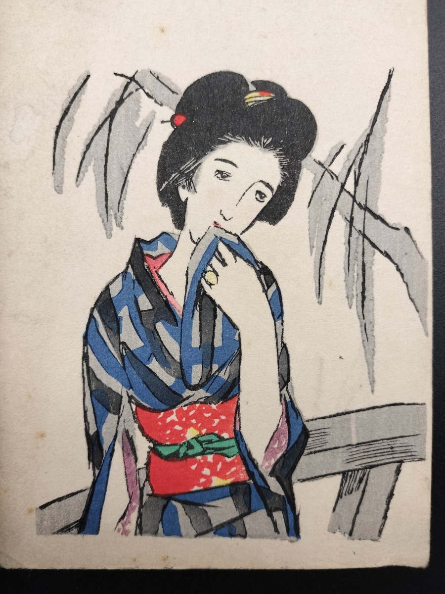 ［真作］3 浮世絵木版画 竹久夢二 美人画 大正ロマン 絵葉書サイズ 戦前 新版画_画像2