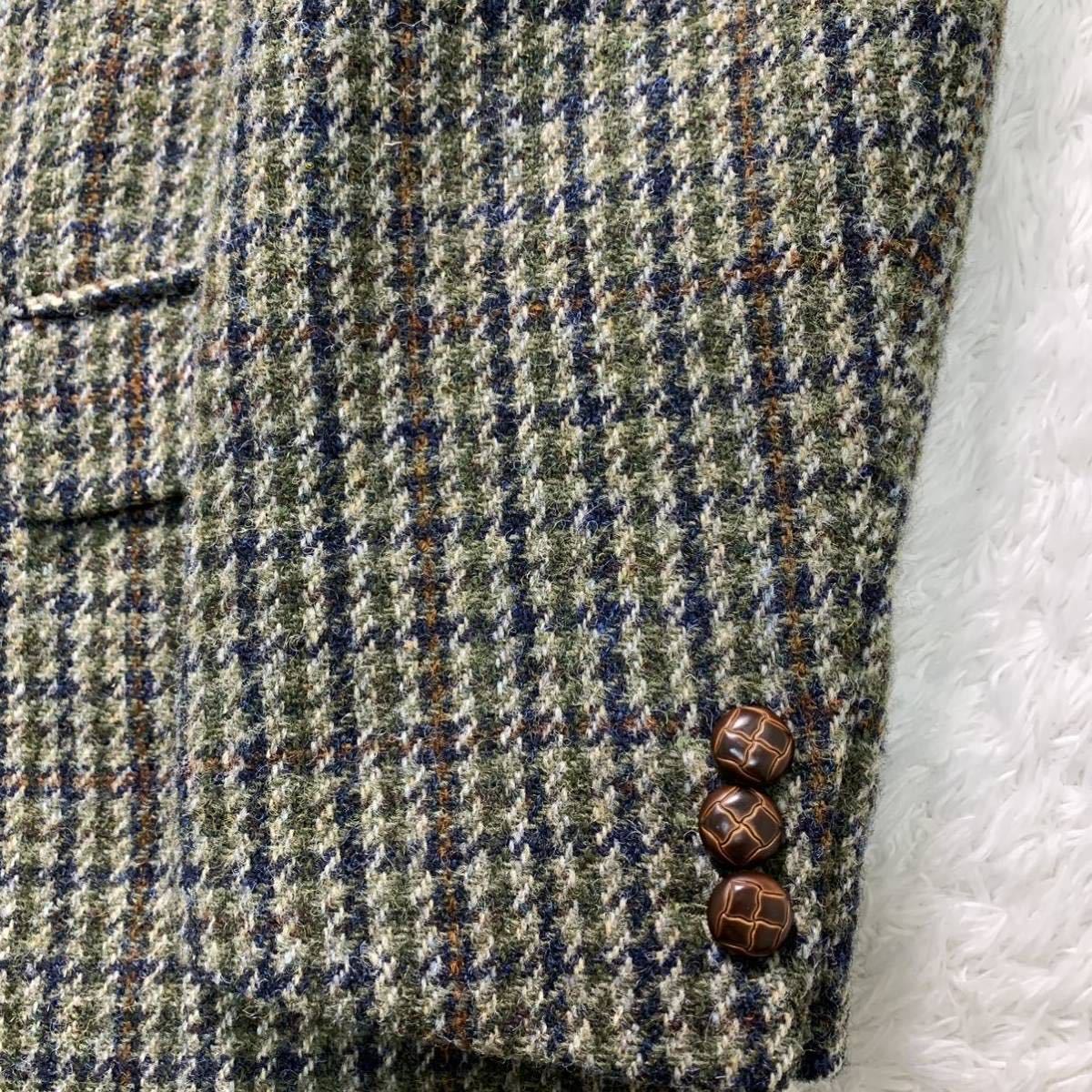 【希少カラー・XL相当】ハリスツイード 2B テーラードジャケット Harris Tweed くるみボタン メンズ ブレザー　グリーン×ボルドー 卒業式_画像7