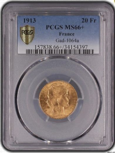 フランス1913年マリアンヌルースター金貨MS66+ PCGS 20フランTOP6!!アンティークコインの画像3