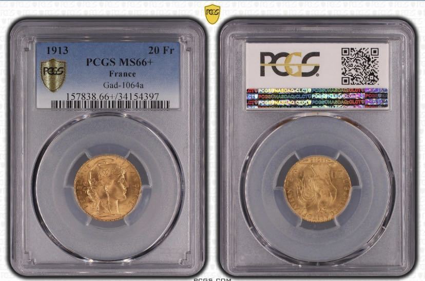 フランス1913年マリアンヌルースター金貨MS66+ PCGS 20フランTOP6!!アンティークコインの画像2