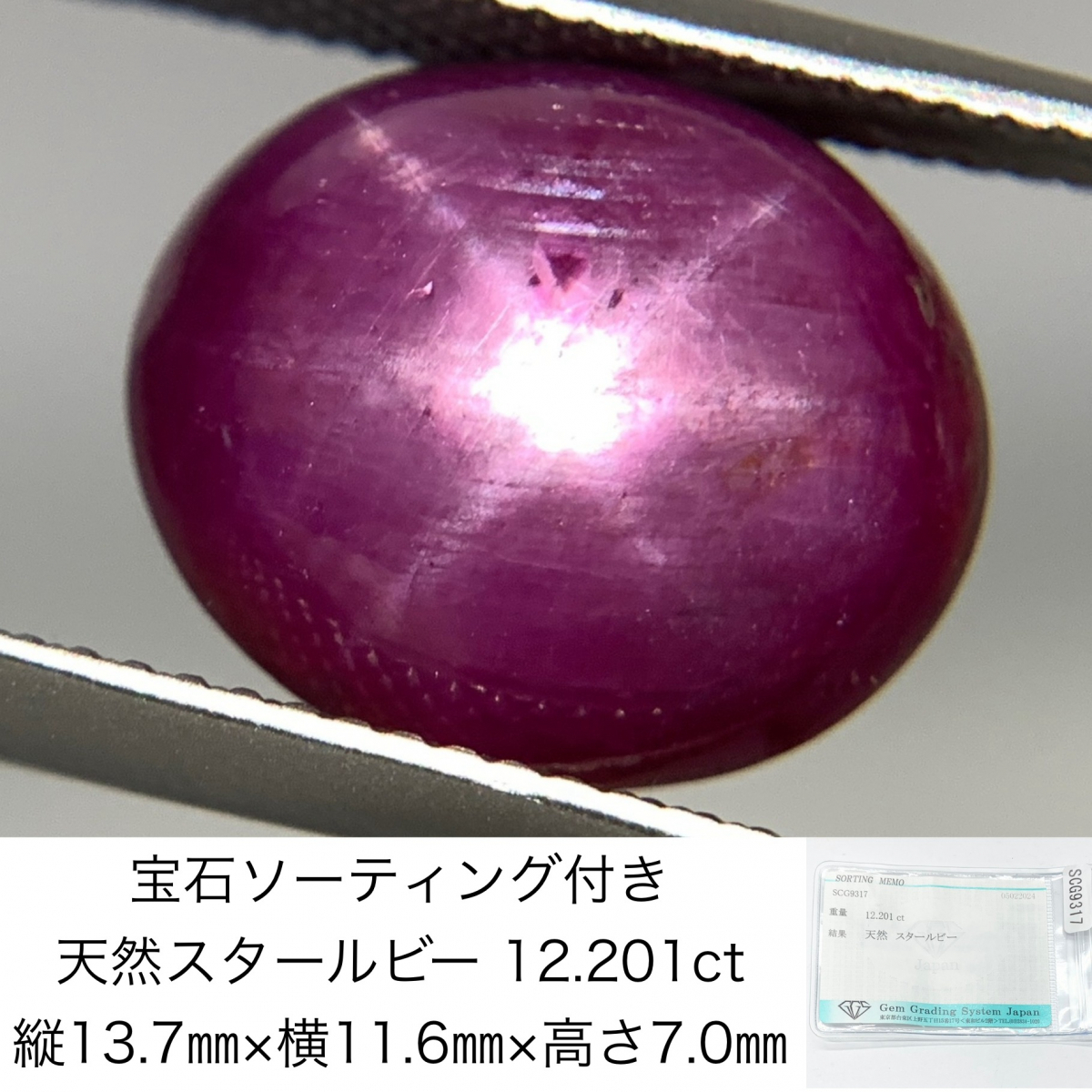 宝石ソーティング付き 天然 スタールビー 12.201ct 縦13.7㎜×横11.6㎜×高さ7.0㎜ 3295Y_画像1