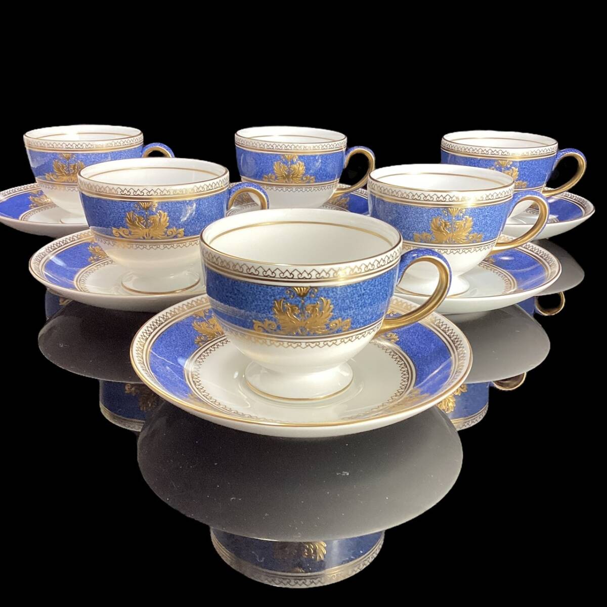 レア ★未使用★ WEDGWOOD ウェッジウッド コロンビア パウダーブルー カップ&ソーサー 6客 リーシェイプ 黒壺 青 金彩 廃盤