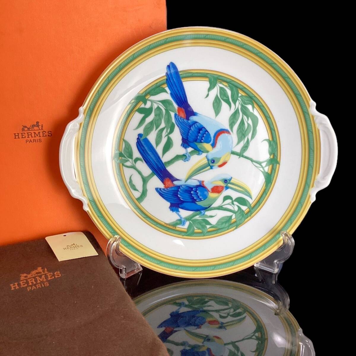 激レア ★美品★ HERMES エルメス トゥカン 鳥 B&Bプレート 27cm 持ち手付き ハンドル BBプレート 食器 皿 箱付き