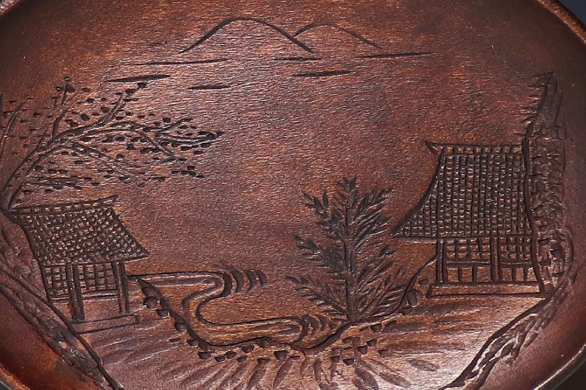 【桃】煎茶道具：木彫山水図小判形瓶座急須台　周道作_画像2