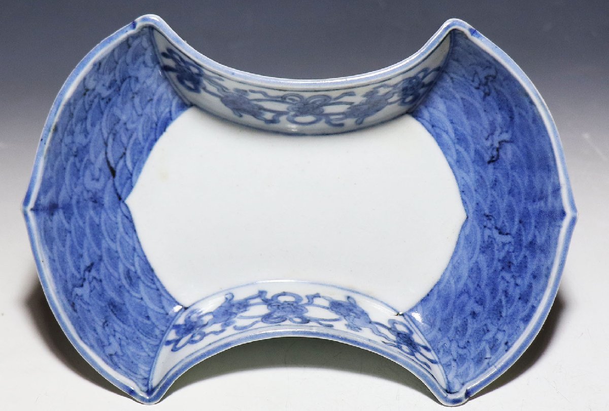 【桃】古伊万里：藍九谷染付分銅形皿