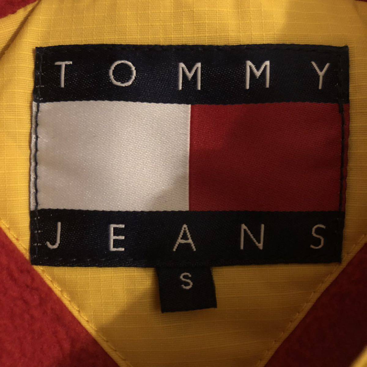 TOMMY JEANS トミー ナイロンジャケット S イエロー×ネイビー プルオーバー リップストップ アノラック 内フリース 90s_画像8