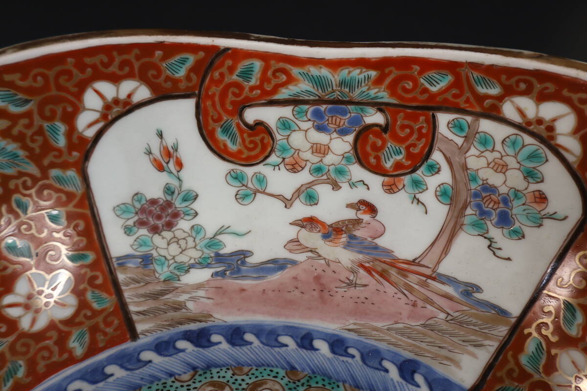 [ peace ](8610) era old work Edo old Imari overglaze enamels flowers and birds writing large bowl era box have 