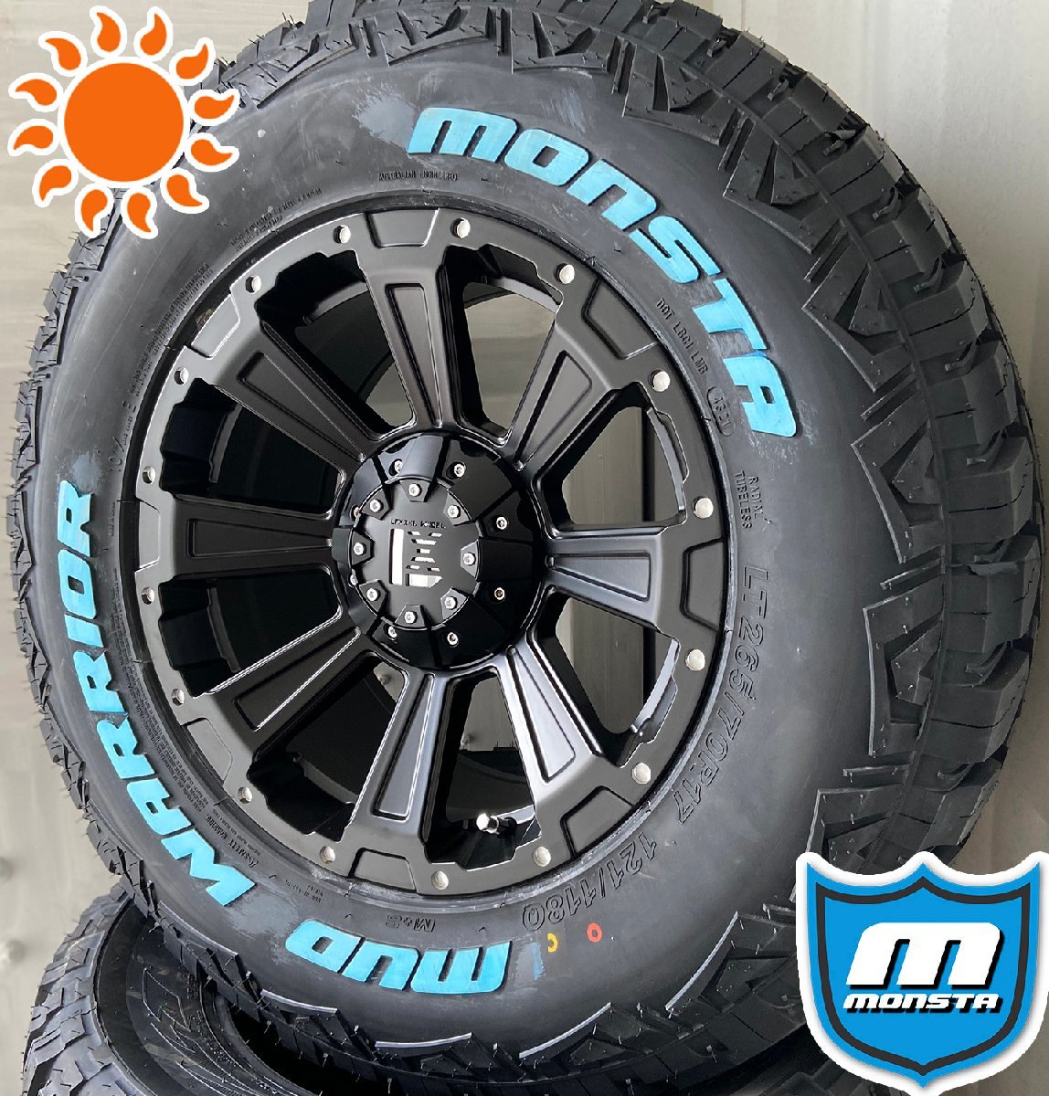 ラングラー（JK,JL）タイヤホイールセット 17インチ 4本セット 1台分 MONSTA MUDWARRIOR ホワイトレター 265/65R17 265/70R17 DeathRock_画像3