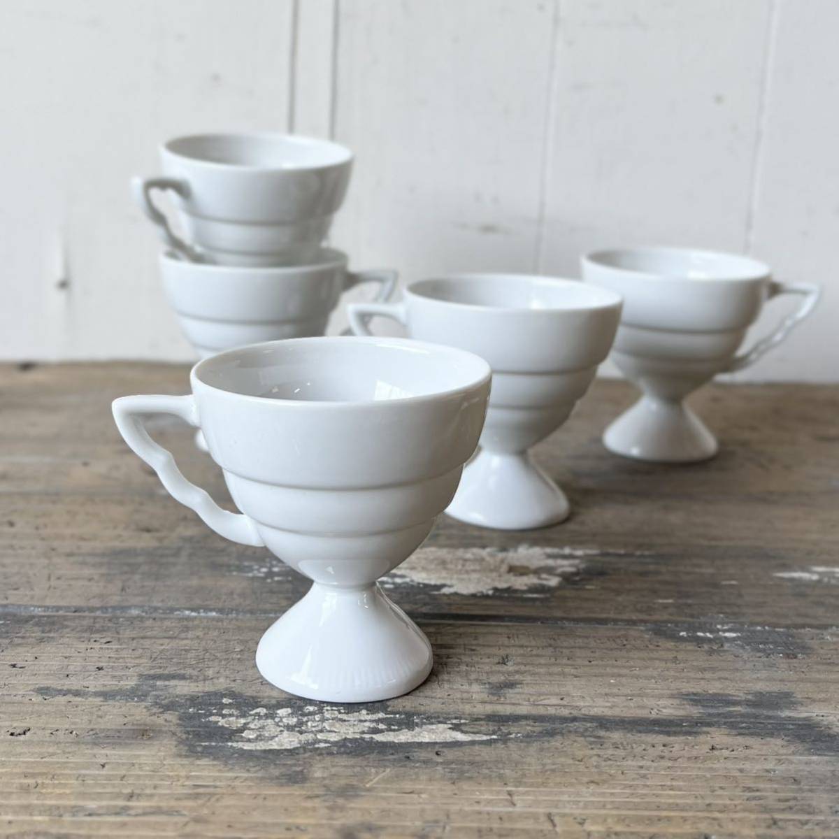 5個set 段々デミカップ デッドストック 白磁 陶器　検: ホワイト 白 コーヒー 珈琲 デザートカップ 喫茶 カフェ レトロ ビンテージ_画像1