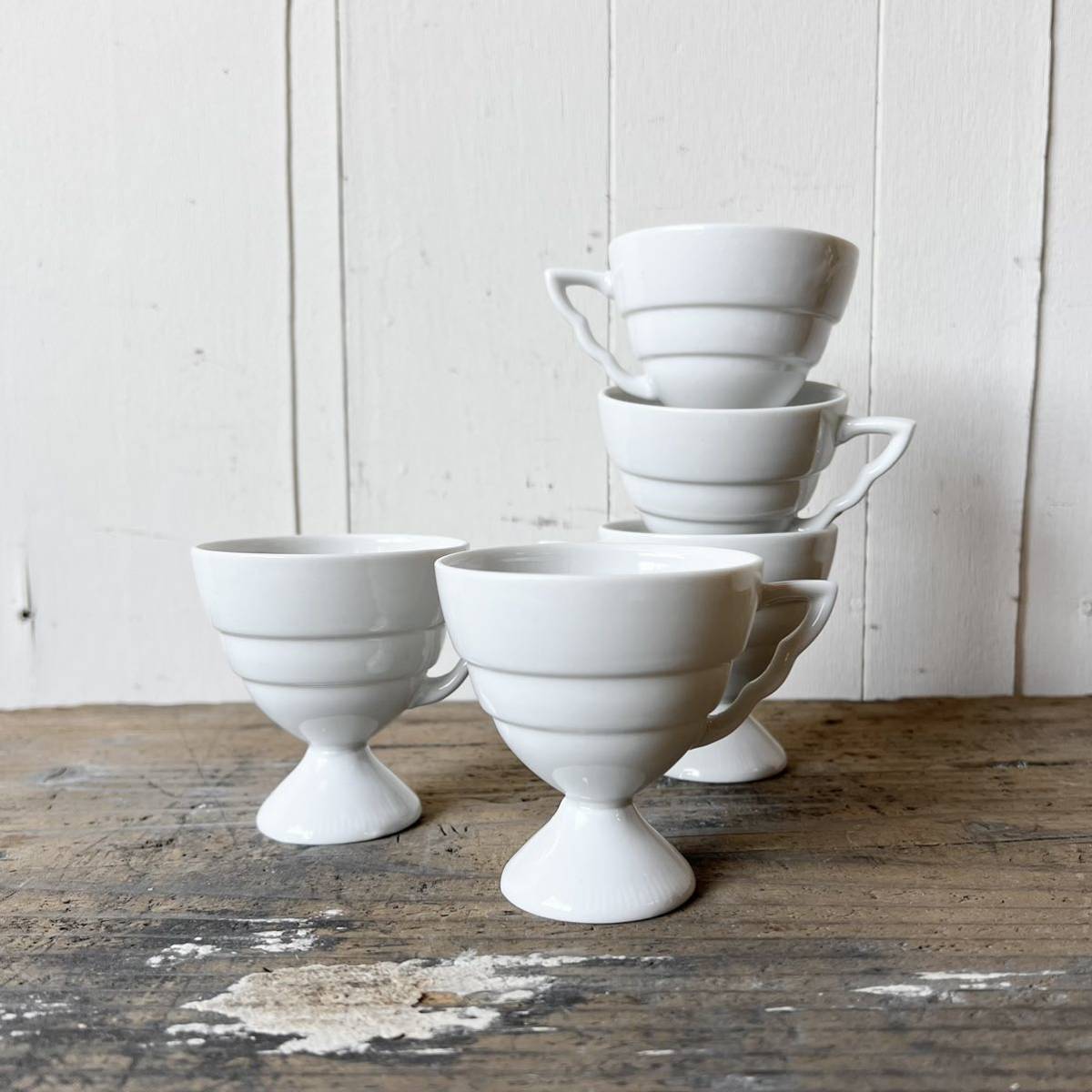 5個set 段々デミカップ デッドストック 白磁 陶器 検: ホワイト 白 コーヒー 珈琲 デザートカップ 喫茶 カフェ レトロ ビンテージの画像9