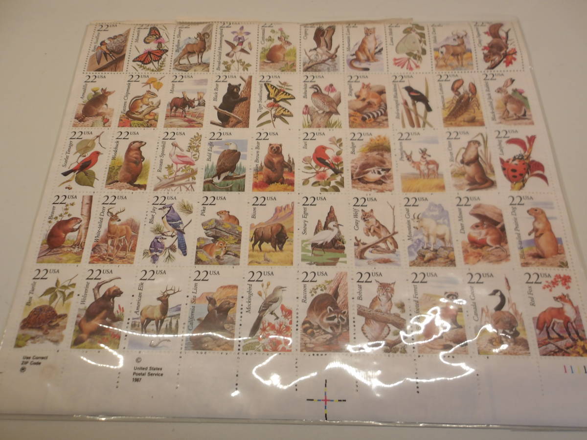 北アメリカ野生動物５０種連刷　切手シート　１９８７．６．１５　アメリカ政府発行　未使用品_画像1