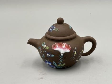 中国唐物色絵粉彩花図朱泥急須底款煎 約9×12.1cm 茶道具紫泥煎茶土瓶宣23.8/tb/uo2_画像1