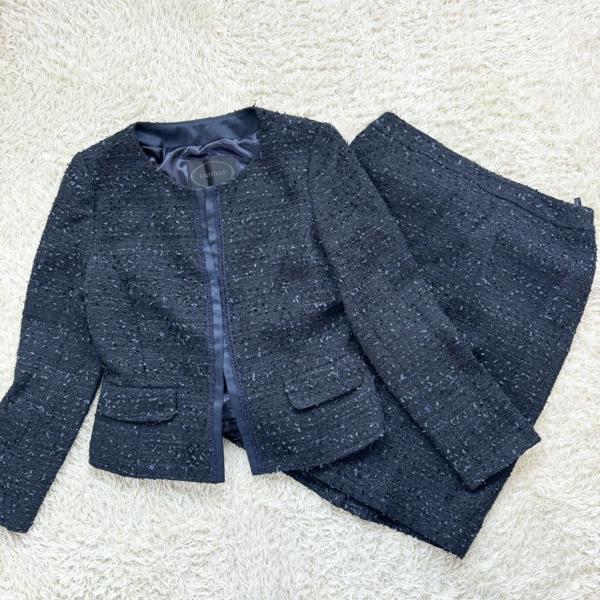 [ ultimate beautiful goods ] Untitled setup no color skirt suit top and bottom formal mama suit through year L size tweed navy navy blue color lame 