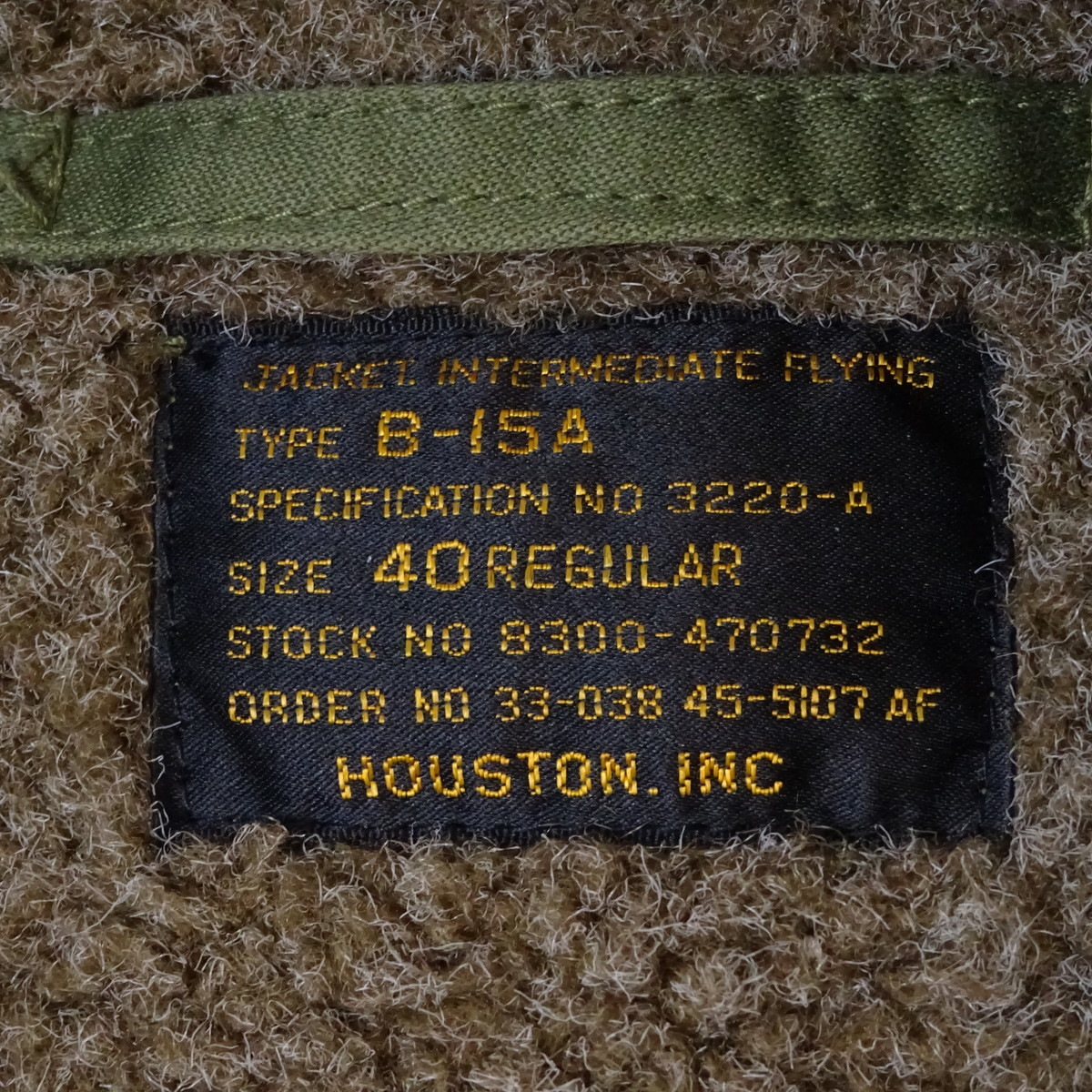 HOUSTON FLIGHT JACKET ヒューストン B-15A フライトジャケット 40 オリーブ_画像6