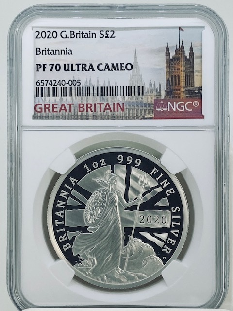 最高鑑定 2020 イギリス ブリタニア 1オンス 銀貨 Britannia NGC PF70UC ロイヤルミント 保証書 小冊子 元箱 アンティーク モダン コインの画像3