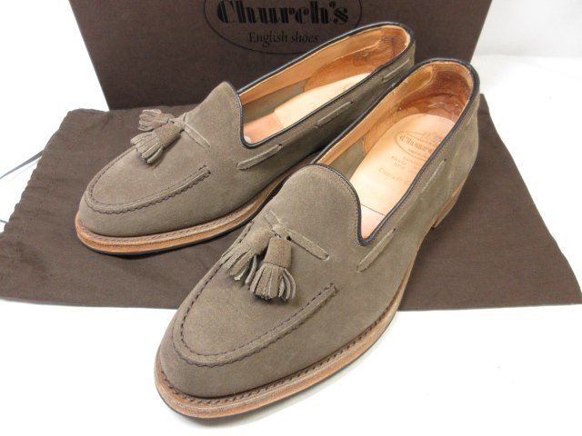 極美品 【チャーチ Church’s】 4都市 FOSBURY フォスバリー タッセルローファー スリッポン 靴 (メンズ) size75F カーキ系 ■18MZA4754■