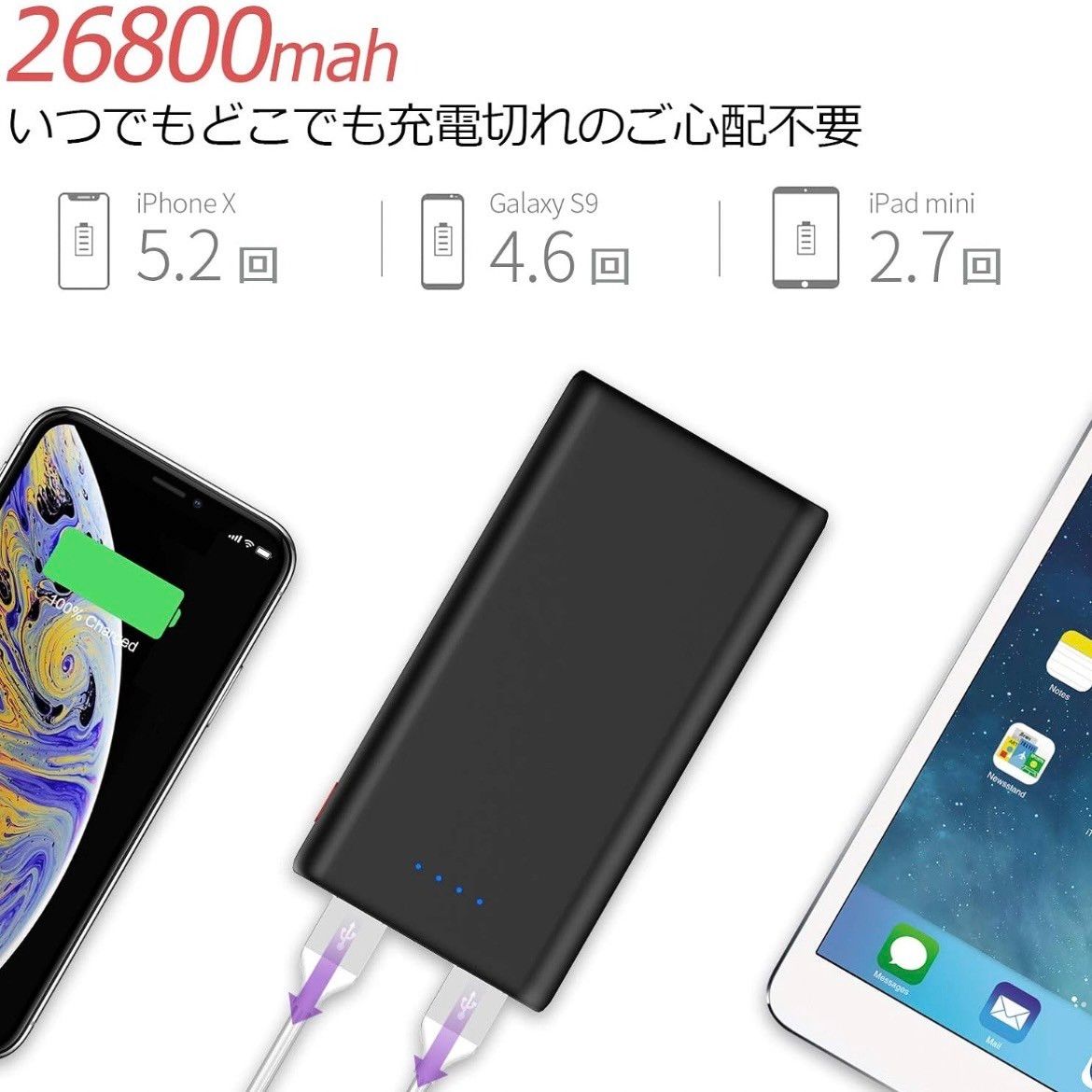 モバイルバッテリー 大容量 26800mAh 急速充電 2USB出力 PSE認証