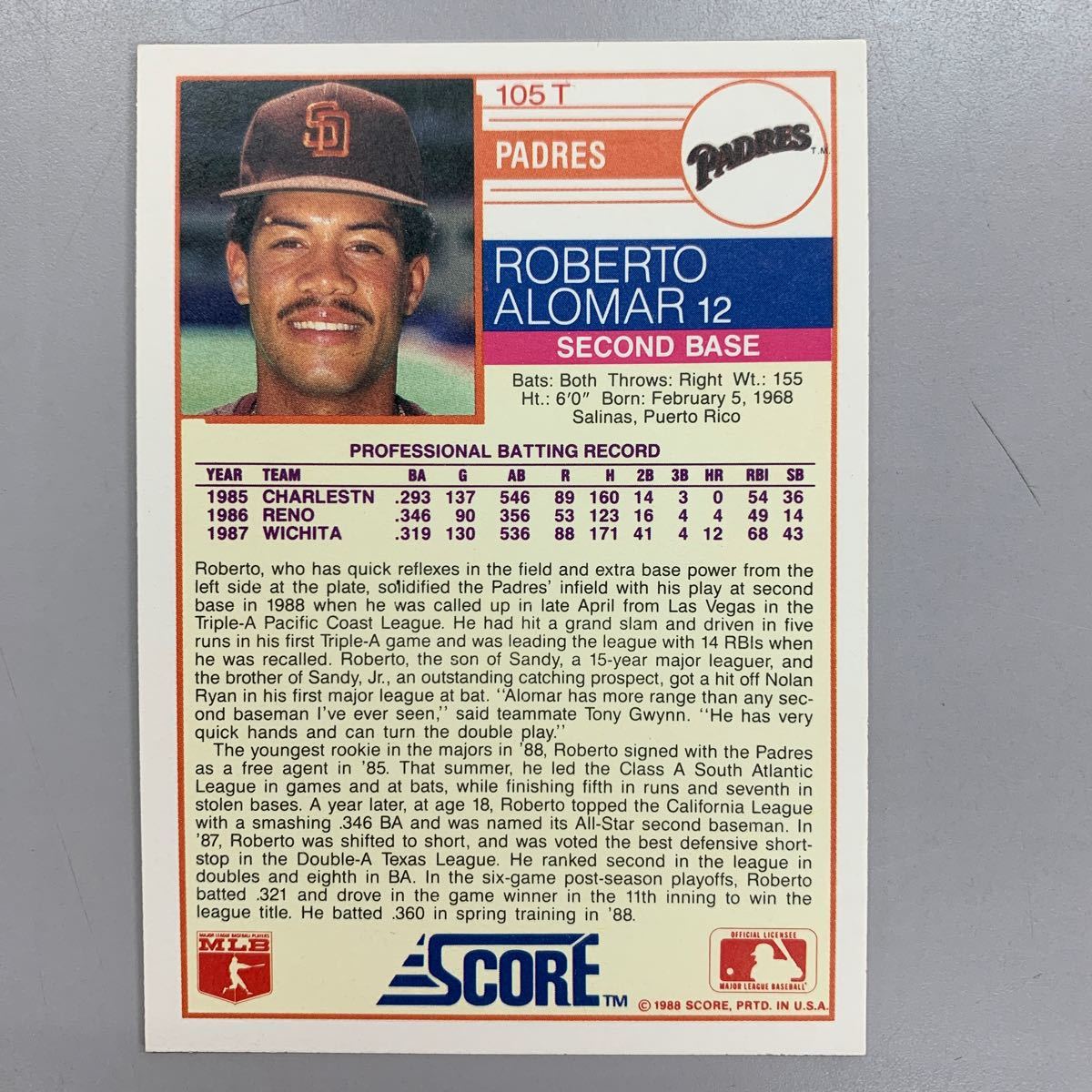 野球 MLBカード 1988　ROBERTO ALOMAR ロベルトアロマー 3枚　topps・donruss・SCORE_画像5