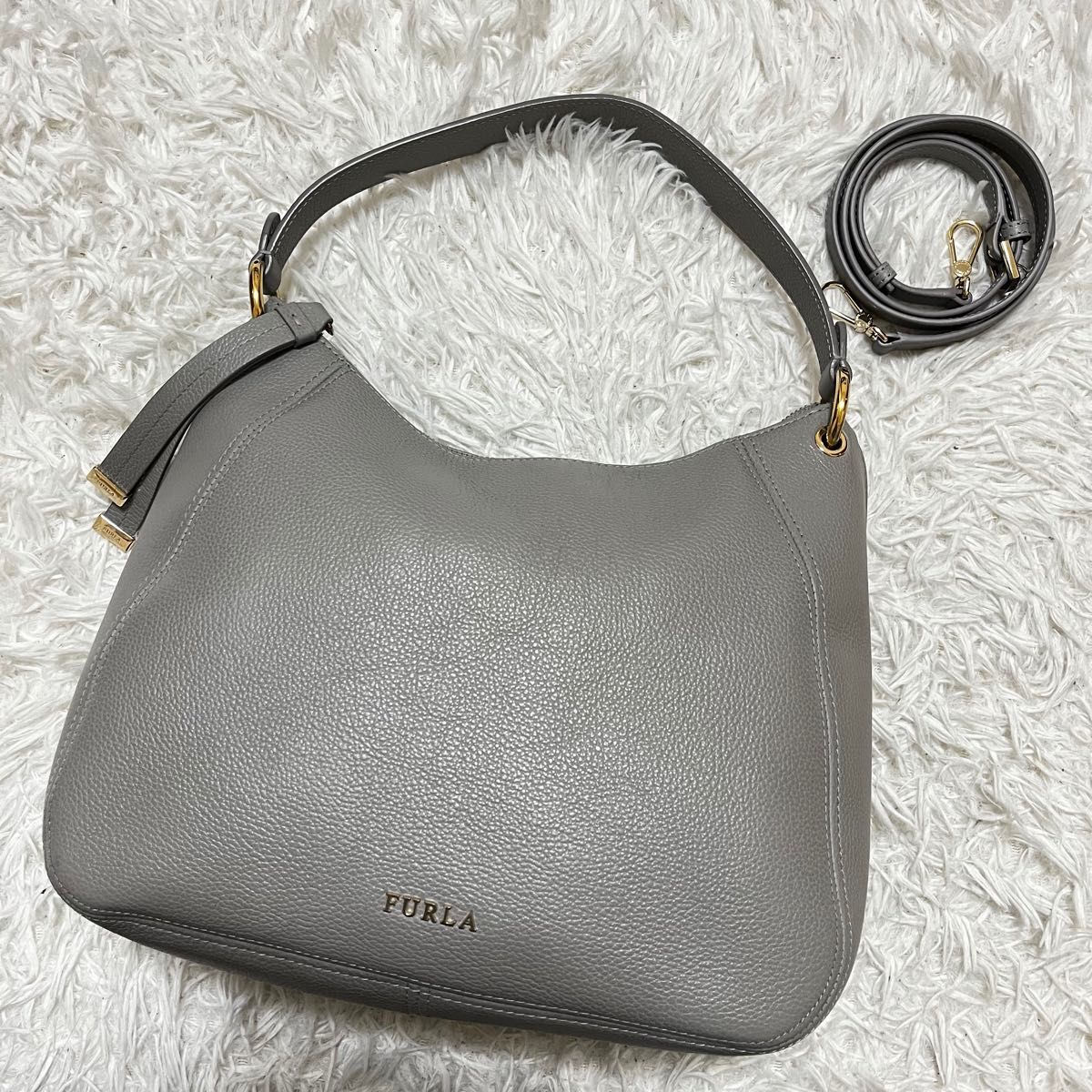 極美品 人気 FURLA フルラ シエナ 2way ショルダーバッグ ハンドバッグ ホーボー ハーフムーン レザー グレー