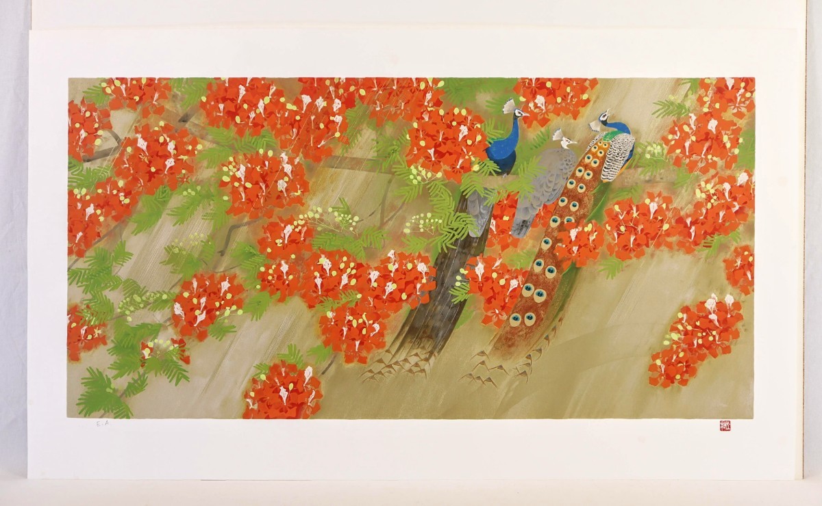 真作 上村松篁 1997年大判シルクスクリーン「燦雨」画寸 80×40cm 京都府出身 自然への畏敬の念を花鳥に託す 火炎木に孔雀とスコール 8608_画像2