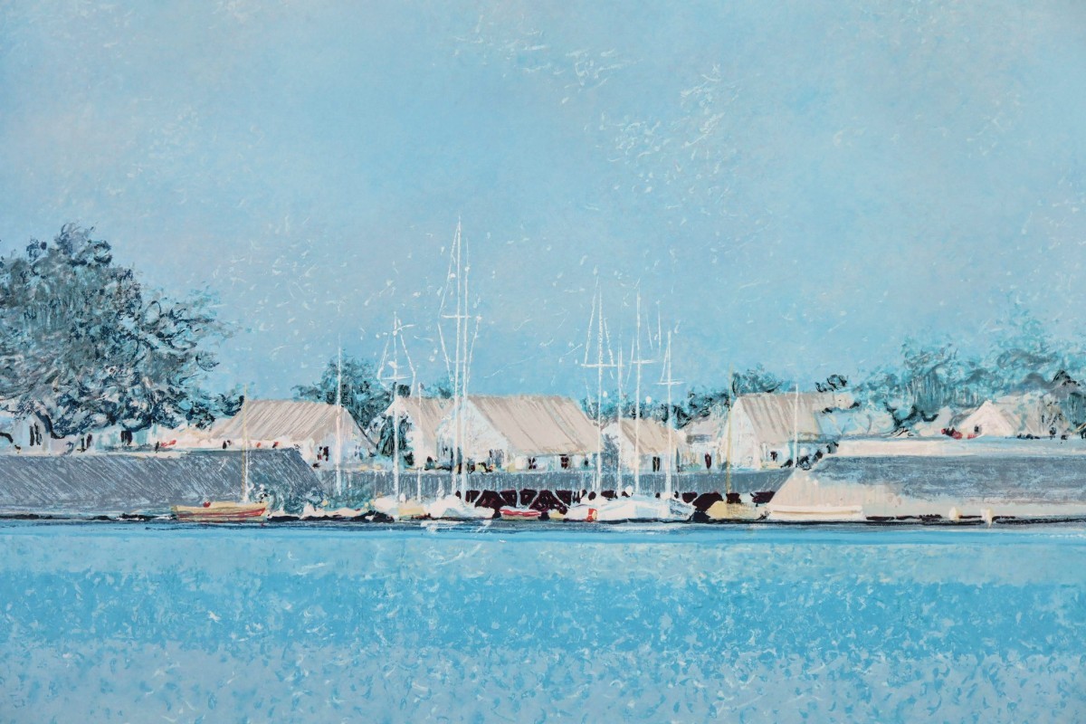 真作 アンドレ・ブーリエ リトグラフ「朝の港」画 56×46cm 仏人作家 印象派的手法点描画 淡いパステル表現 静寂感あるヨットハーバー 8567の画像3