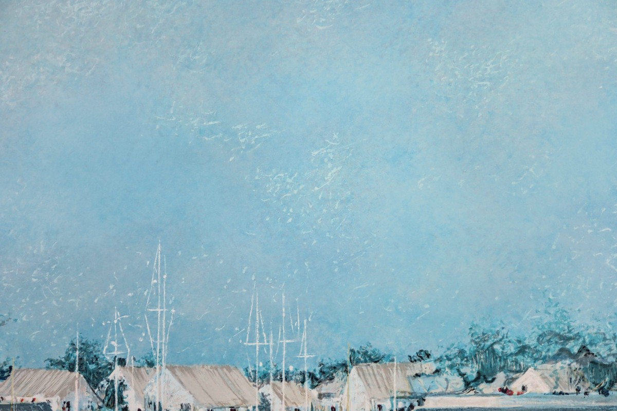 真作 アンドレ・ブーリエ リトグラフ「朝の港」画 56×46cm 仏人作家 印象派的手法点描画 淡いパステル表現 静寂感あるヨットハーバー 8567の画像7