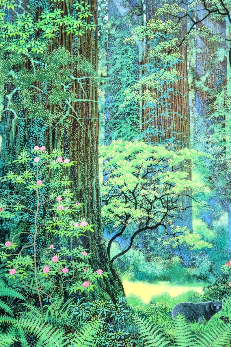 真作 磯野宏夫 ミストグラフ「レッドウッドの森」画29.5×42cm 愛知県出身 「生命(いのち)の森」を生涯のテーマ 色彩豊かな森と生き物 8587_画像4