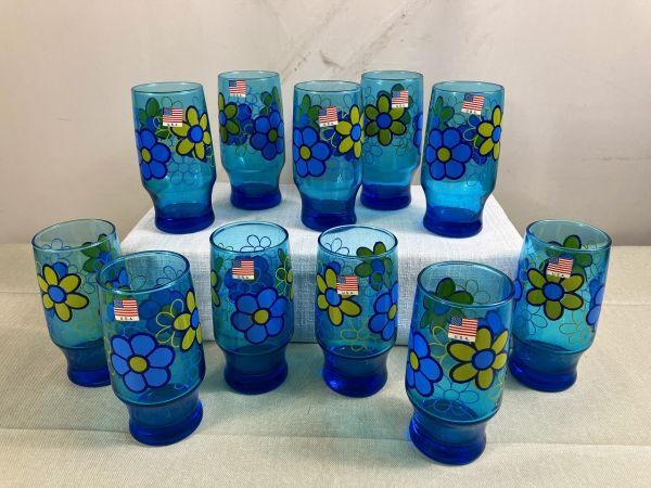 ◆FR128 レトロポップ 花柄グラス 11点まとめ U.S.A.製 青系 ビンテージ 昭和レトロ◆の画像1