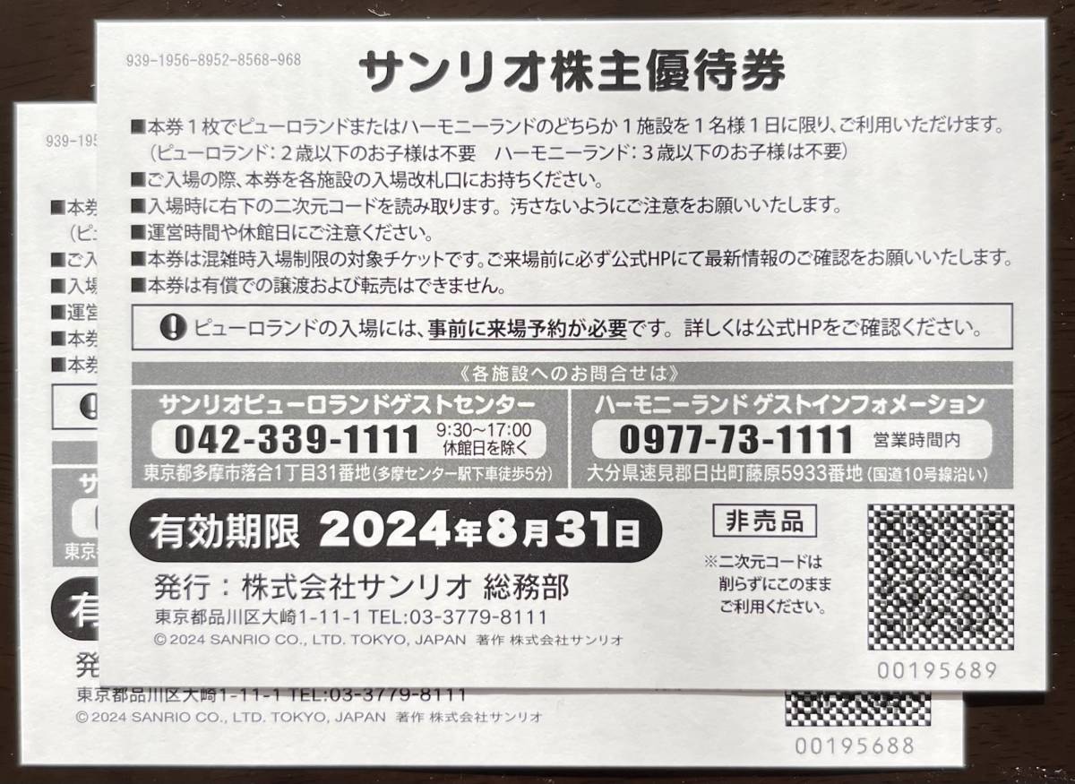 サンリオ　株主優待券　二枚ペアで　普通郵便送料無料①_画像2