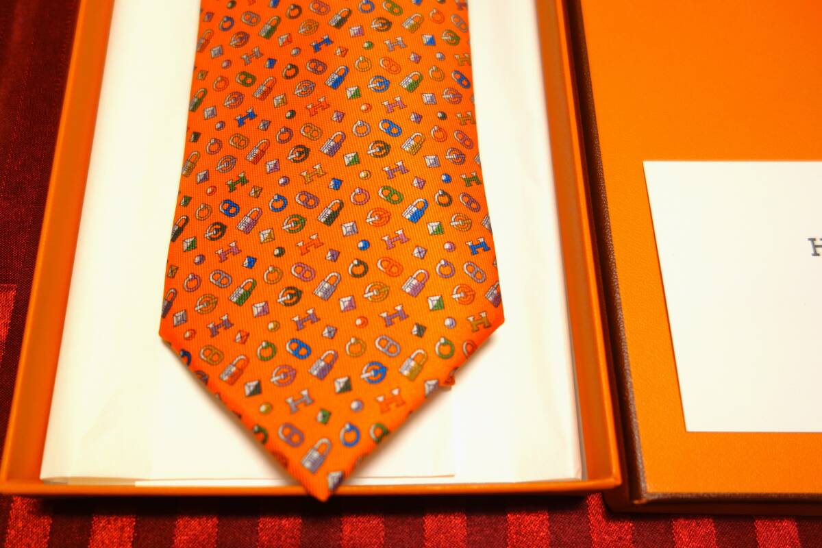 ..OK обычная цена 3.7 десять тысяч иен ^ с биркой не использовался товар Hermes галстук H рисунок Icon узор {QUINCAILLERIE} orange (ORANGE/VERT/BLEU)