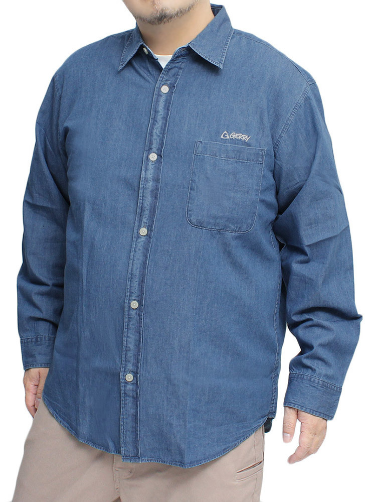 【新品】 3L ブルー GERRY(ジェリー) デニムシャツ メンズ 大きいサイズ 4.5oz ロゴ 刺繍 プリント 長袖シャツ_画像1