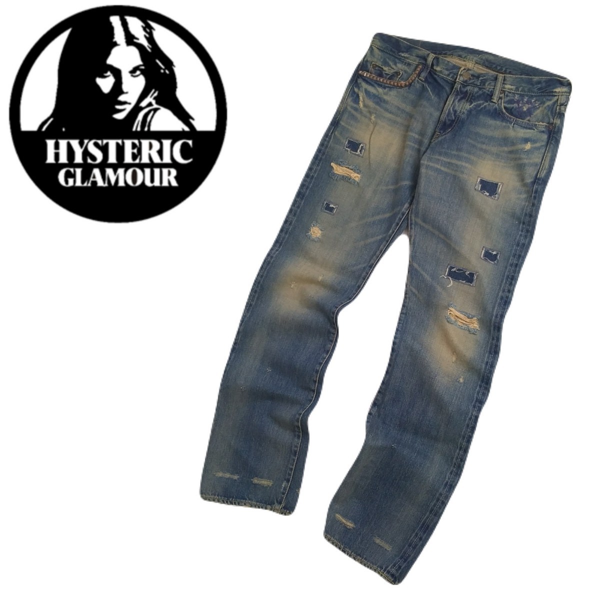 新品同様 HYSTERIC GLAMOUR スタッズ デニムパンツ ジーンズ ジーパン リペア ビンテージ加工 メンズ W34 ヒステリックグラマー 2402100_画像1