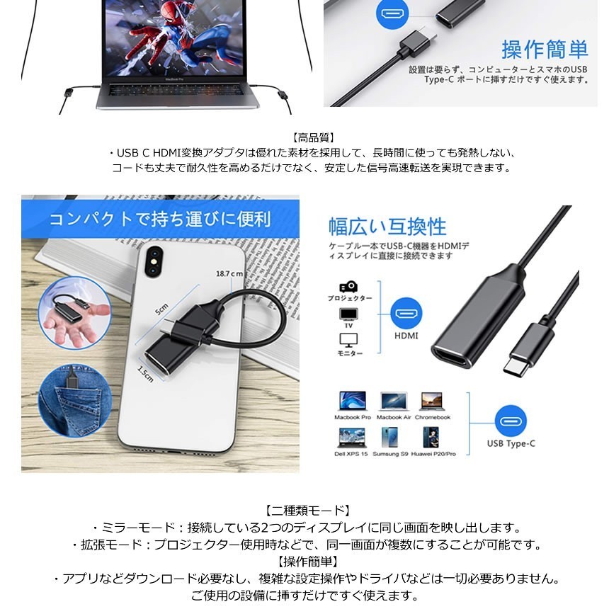 USB C to HDMI 変換アダプター TYPE-C HDMI 変換 ケープル HDMI タイプC変換 C変換 HDMI変換 CHCABALE_画像4