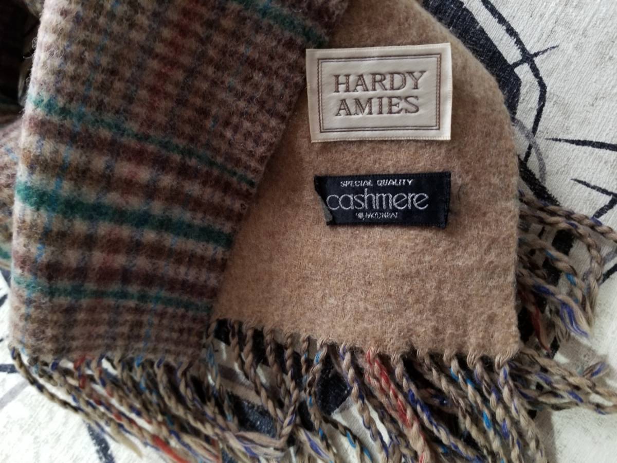 HARDY AMIES cashmere MOONBAT カシミア ムーンバット 80s 90s ビンテージ オールド 日本製 毛 ウール ベージュ チェック柄 マフラー 中古_画像2