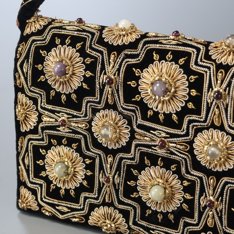 MG0606*インド製 ザリ刺繍 vintage ベルベット ハンドバッグ ミニバッグ 鞄 ブラック_画像4