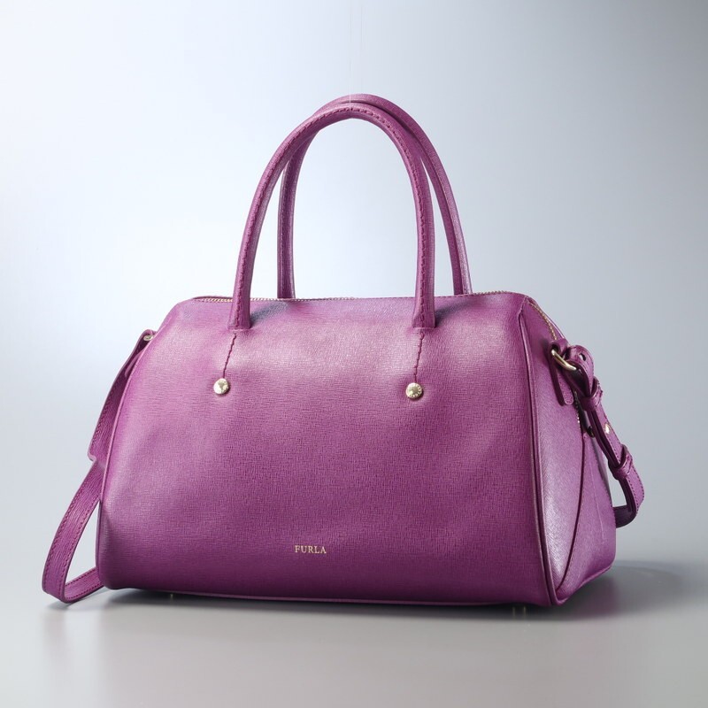 MG0418▼フルラ FURLA*ALISSA アリッサ 174679 ミニボストンバッグ ショルダーバッグ 鞄*ショルダー付き 2awy*本革/レザー*パープル_画像1