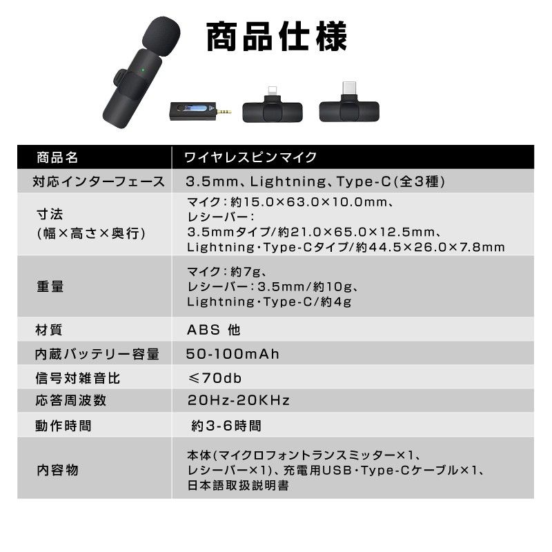 ワイヤレスマイク ピンマイク 3.5mm lightning Type-C 全3種 設定不要 スマホ同時充電可能 クリップ式 36