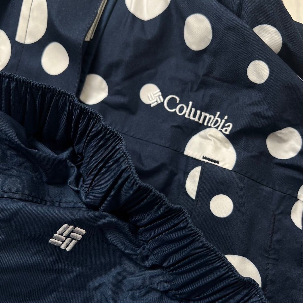 コロンビア レインウェア セットアップ 収納袋付き パーカー パンツ S ウエストゴム ドット柄 紺 ネイビー Columbia レディースの画像9
