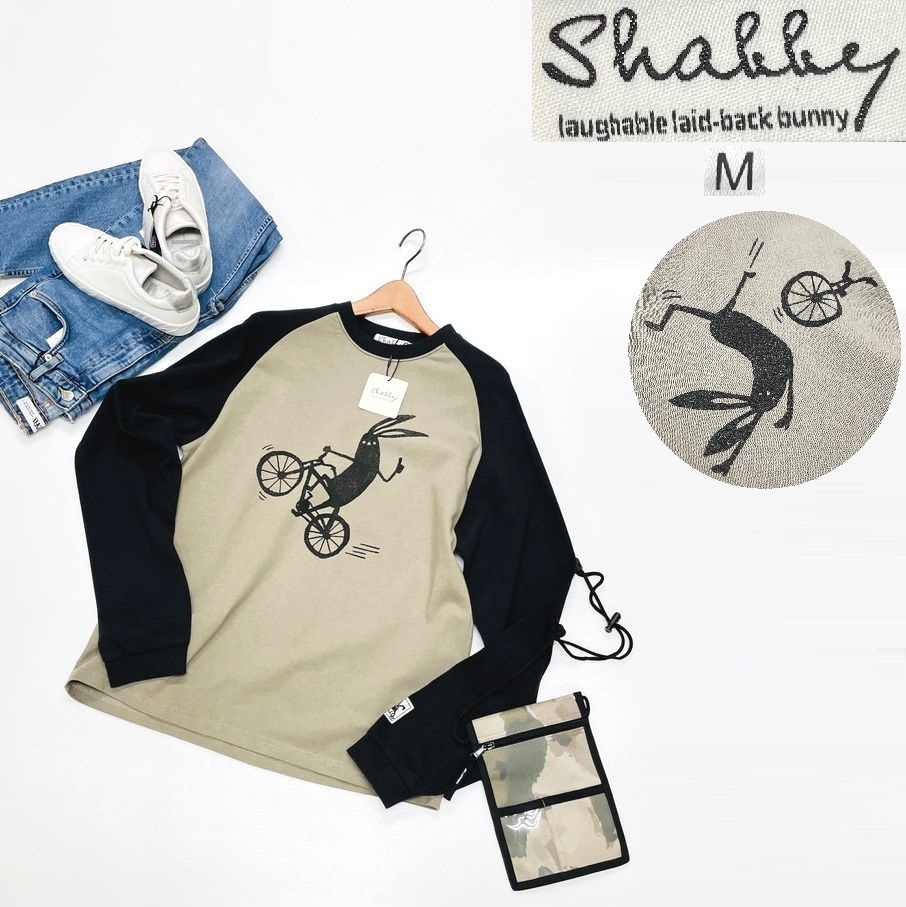 未使用品 /M/ Shabby グレージュ ロンティ 長袖Tシャツ ブラック カジュアルアウトドアうさぎ自転車サイクリングメンズレディース シャビー