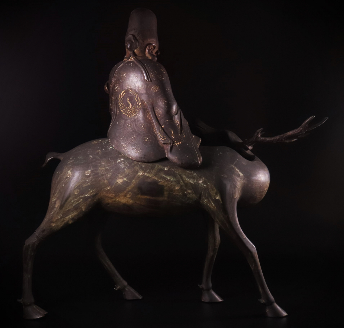 【ONE'S】超絶技巧 古銅 銅製 彩色象嵌 のったり 香炉 『寿老人騎鹿』 幅66cm 重量9.6kg 置物 極上細密造 香道具 古美術品_画像9
