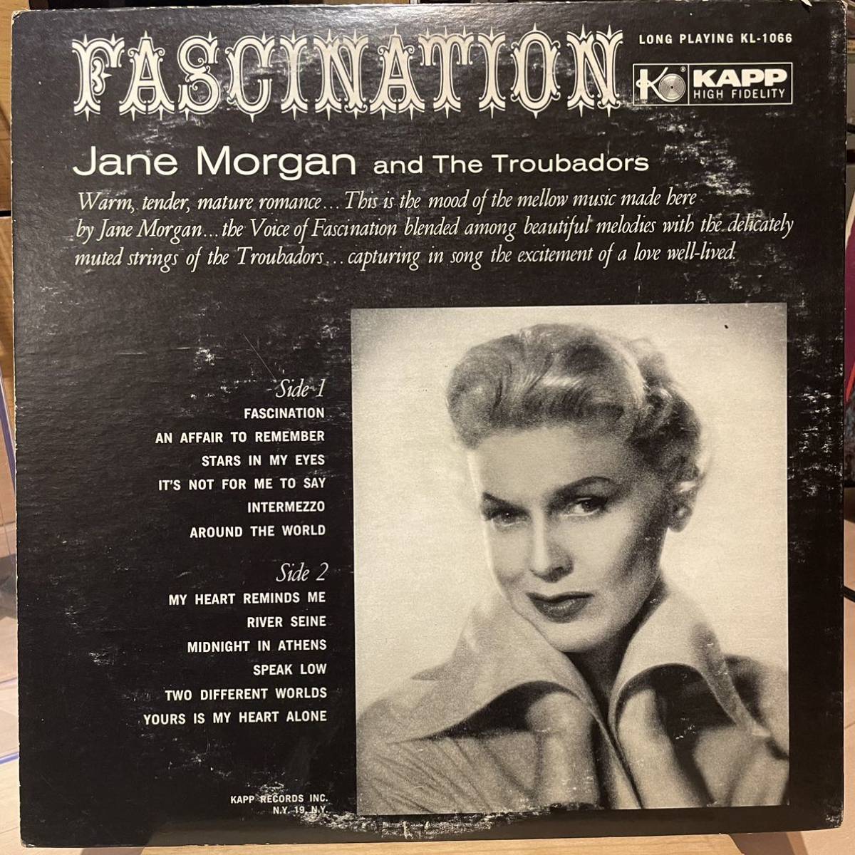 【US盤Mono】 Jane Morgan With The Troubadors Fascination (1960) Kapp Records KL-1066の画像2