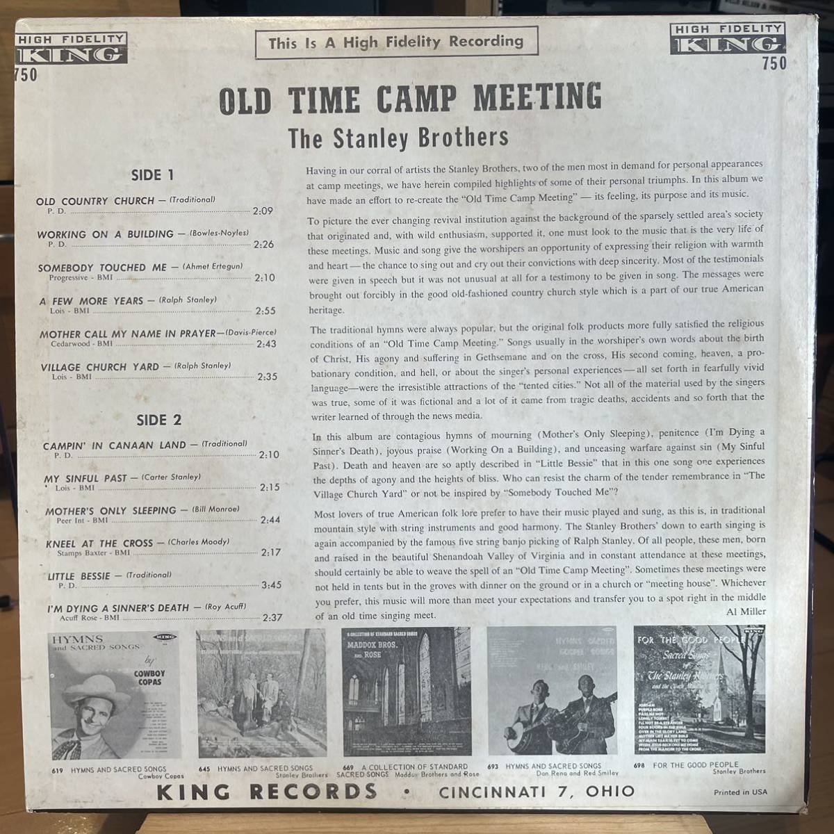 【US盤Org.深溝レア】The Stanley Brothers Old Time Camp Meeting (1962) King 750 bluegrass_画像2