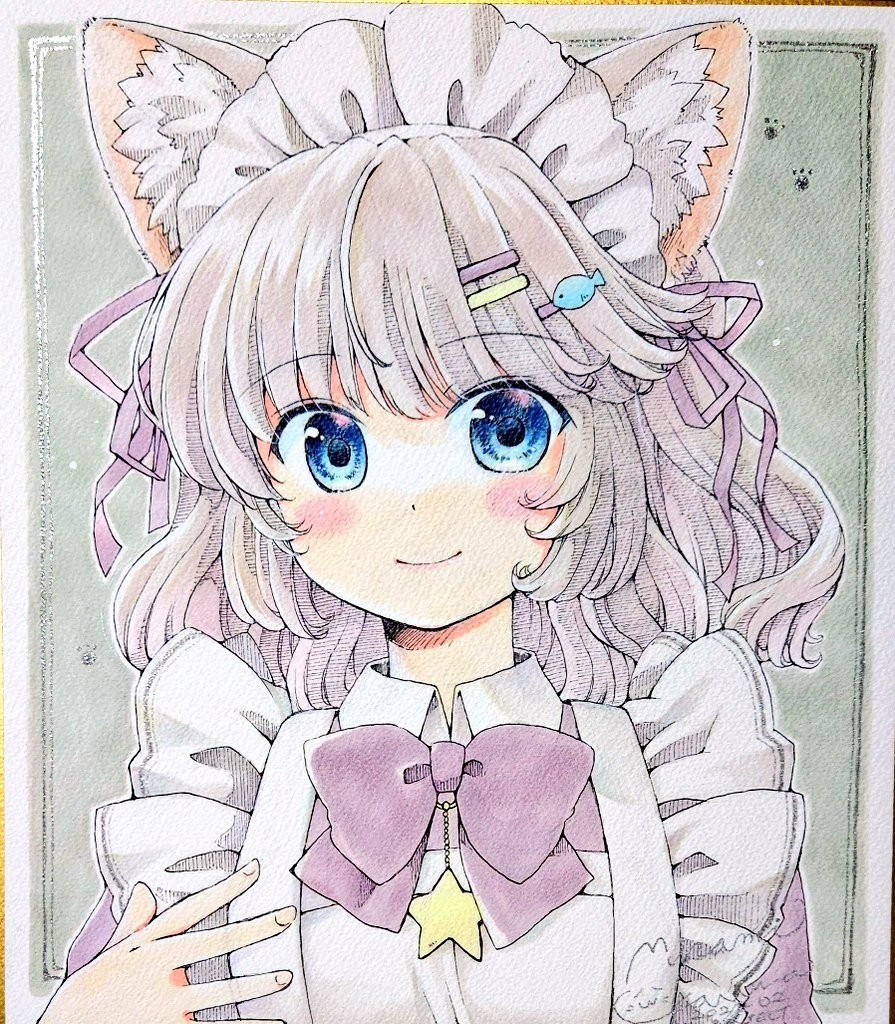 直筆イラスト色紙　メイドねこちゃん　大色紙_画像1