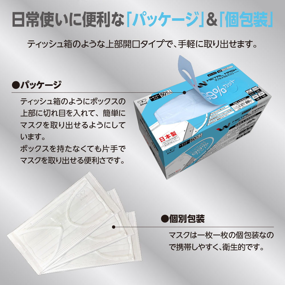 【日本製】 Wメタルマスク 50枚入 普通サイズ 個包装 使い捨て 不織布マスク 3層構造 銀イオン 抗菌 ZN+イオン 防臭 6mm幅広紐 立体マスク_画像6