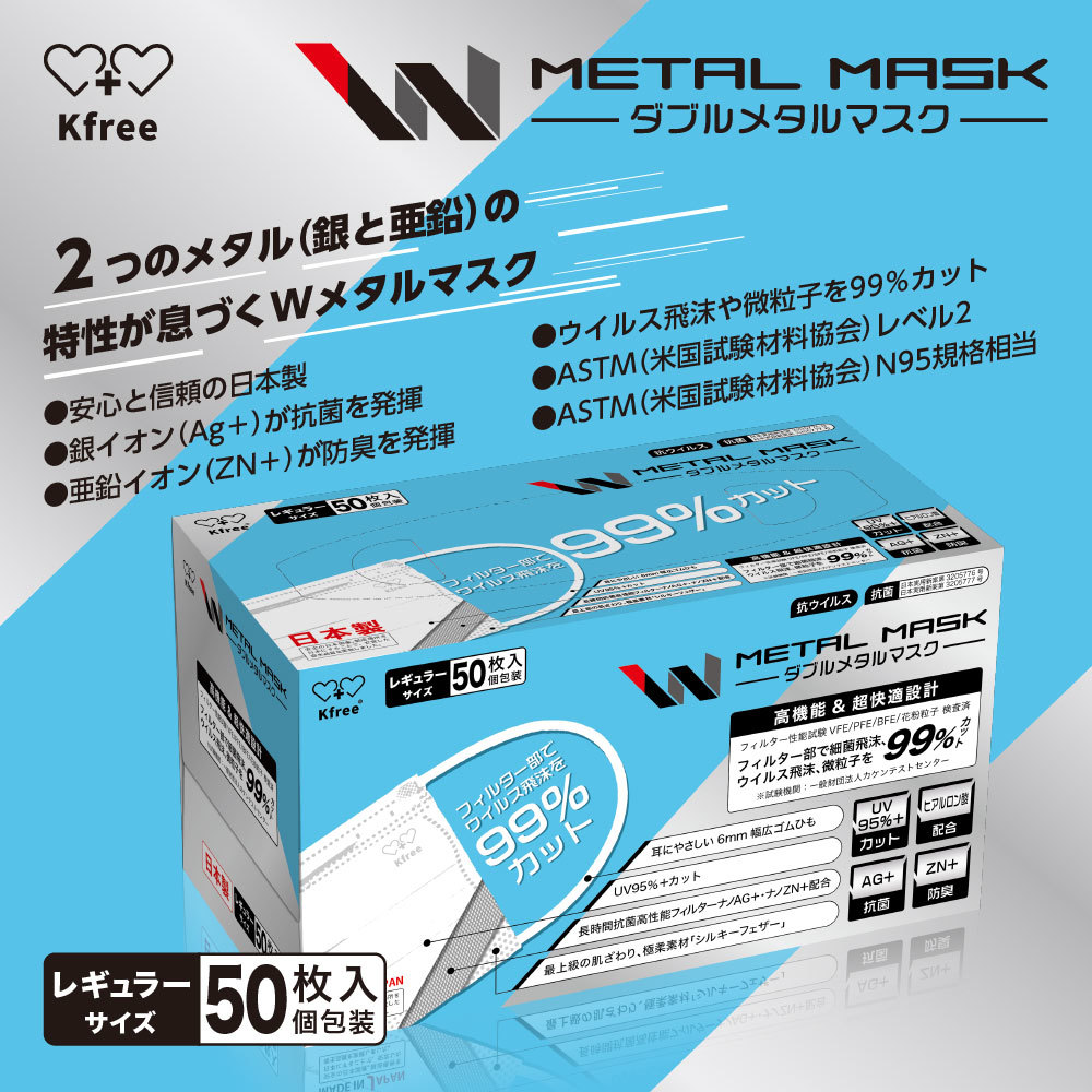 【日本製】 Wメタルマスク 50枚入 普通サイズ 個包装 使い捨て 不織布マスク 3層構造 銀イオン 抗菌 ZN+イオン 防臭 6mm幅広紐 立体マスク_画像2